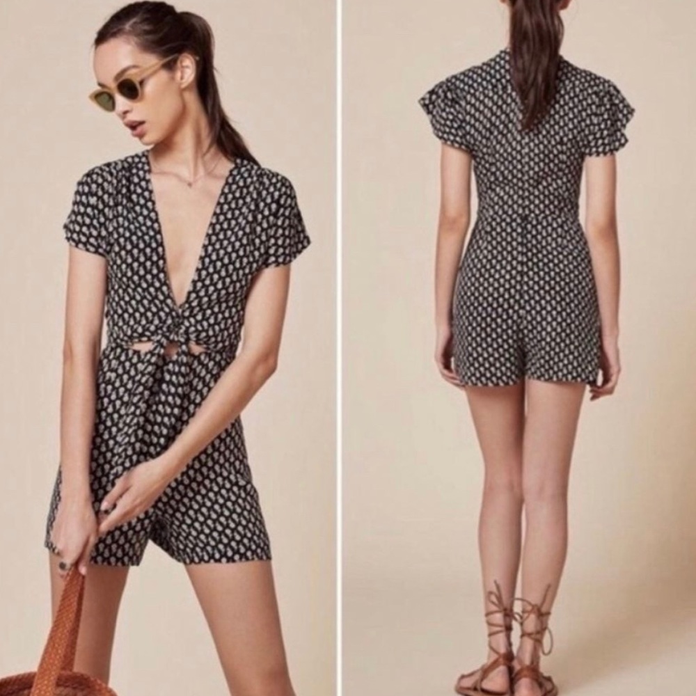 Reformation Holly Floral Cut Out Romper Size 4 Front Tie Black Short Sleeve